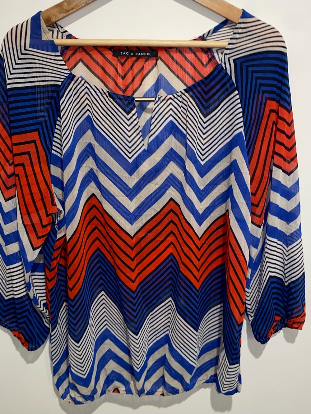 Women’s Chevron-Stripe Long Sleeve Top in Red, Blue & White - Picture 1 of 4